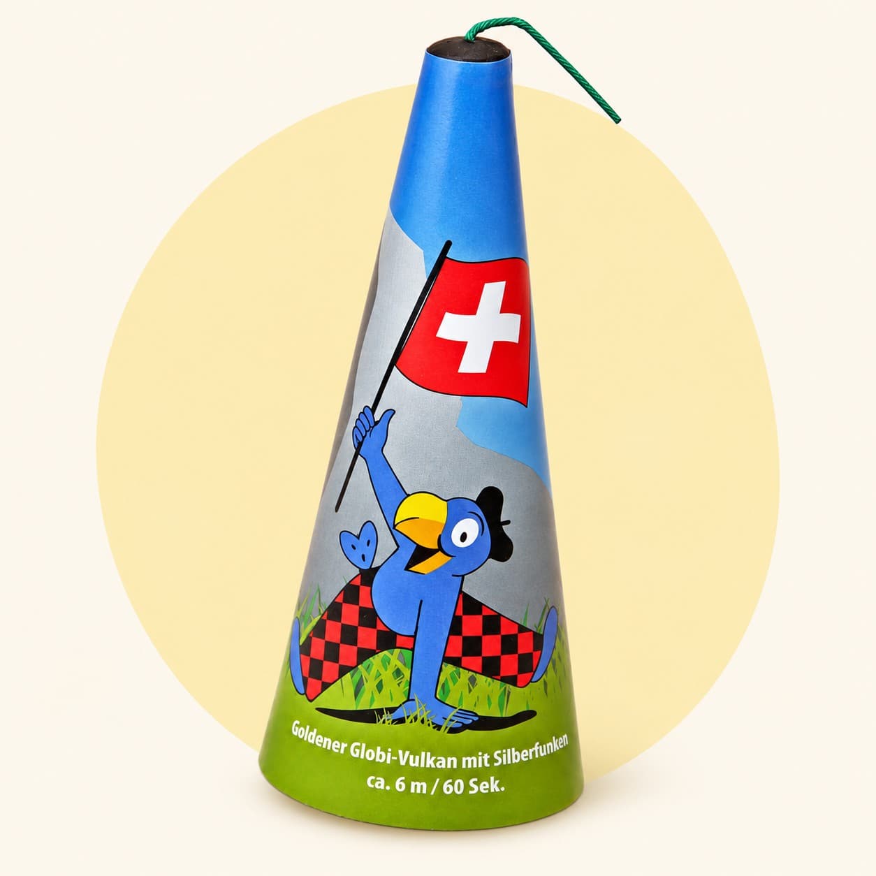 Globi-Vulkan mit blauem Papiermantel, Globi und Schweizer Fahne